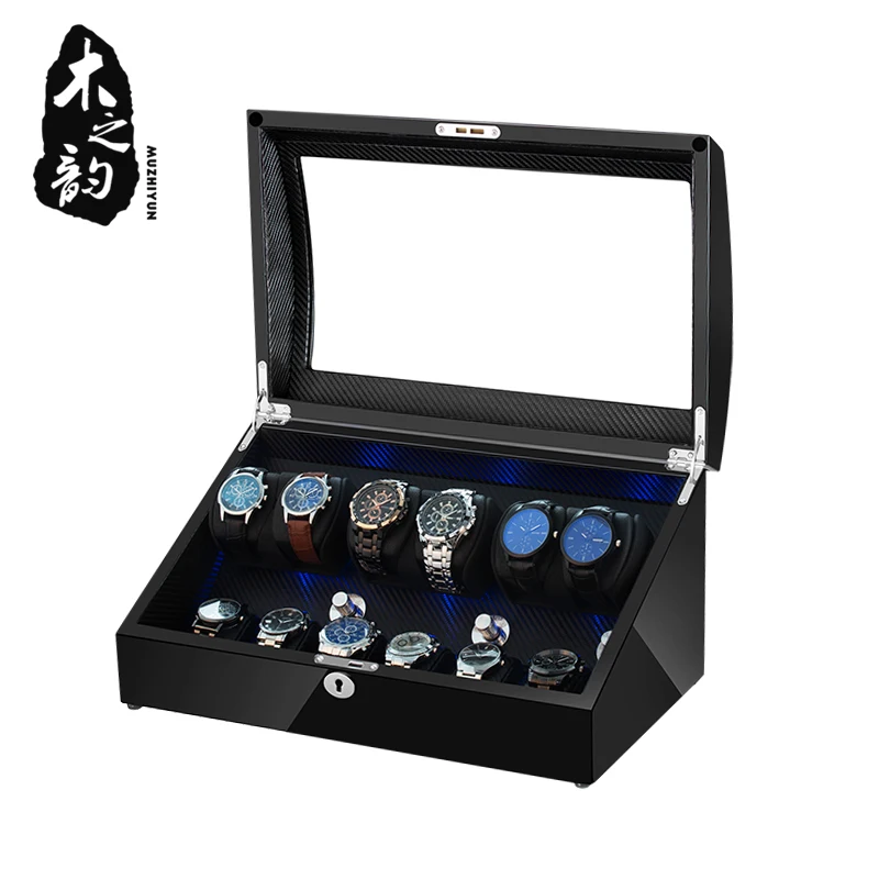 Watch Winder Shaker Box Case Storage Display Automatic Wooden Three Motors 12 Slots Watch Winder Rotation Organizer Holder Piano