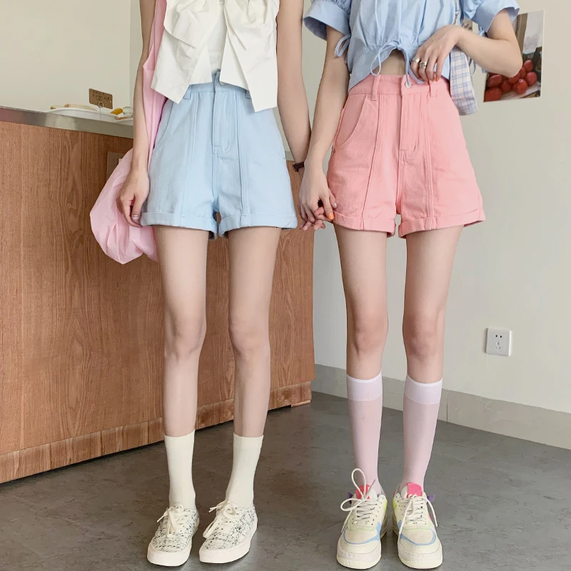 Однотонные джинсовые шорты для женщин Новинка лета 2021 стройнящие широкие брюки с