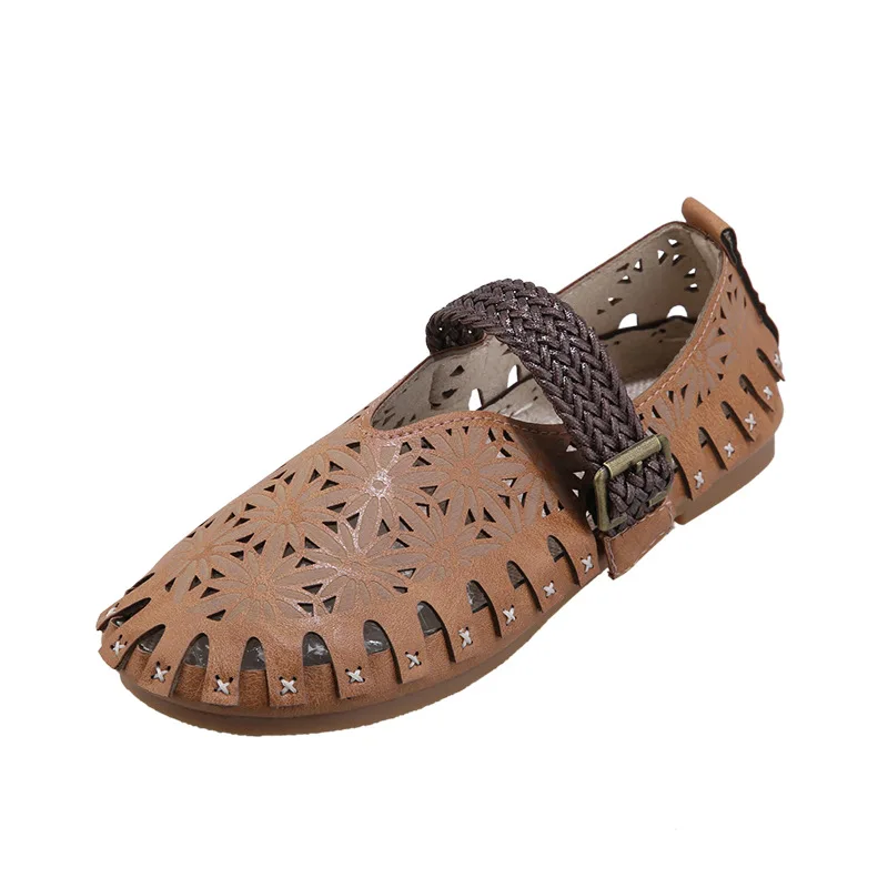 

Soft Casual Woman Shoe Tennis Female Flats Breathable New Retro Grandma Dress Leisure PU Scandals Buckle Strap Beach Cover Heel