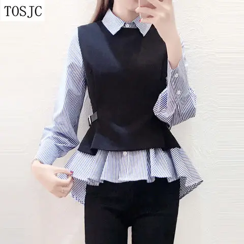 

[shirt / vest] striped shirt women's long sleeve spring and autumn two piece suit versatile smart women's top