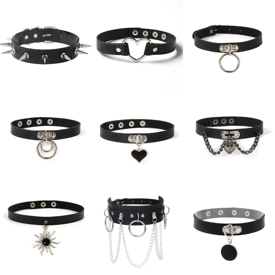 

Nieuwe Gothic Punk Lederen Choker Ketting Voor Vrouwen Tieners Meisjes Klinknagel Hart Kruis Kraag Ketting Rots Sieraden Gift