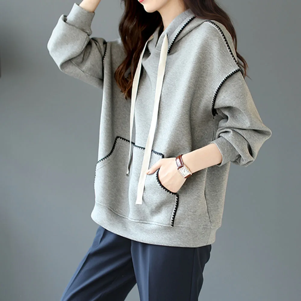 Женская толстовка с капюшоном однотонная Толстовка в Корейском стиле карманами