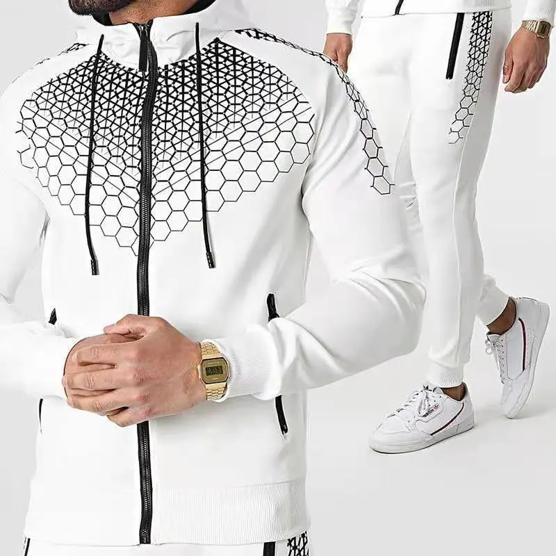 

Men casual suit 2021 Autumn Winter new printing jogging sportswear zipper hoodie + pants 2 piece set Men's tracksuit sports suit