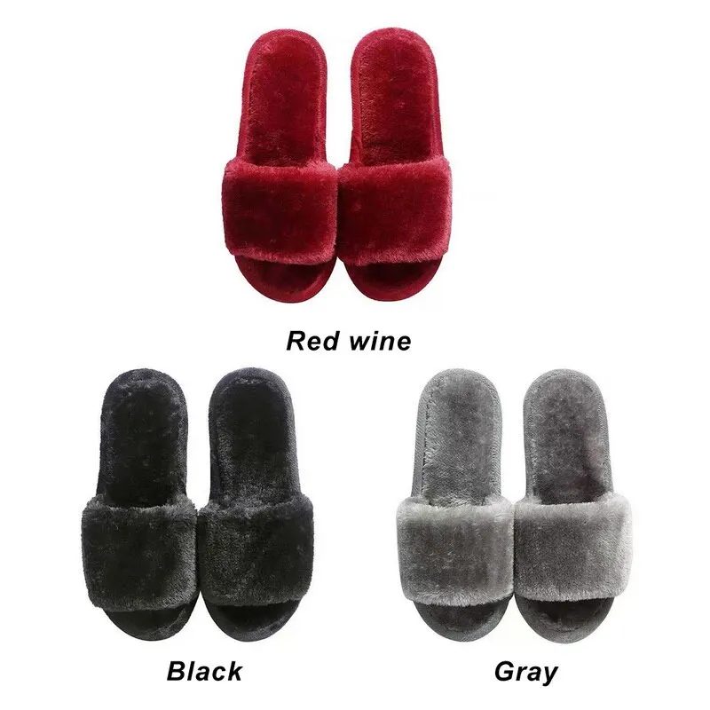 

Winter Women House Slippers Wholesale Faux Fur Warm Shoes Slip On Flats Female Slides Black Cozy Home Furry Slippers