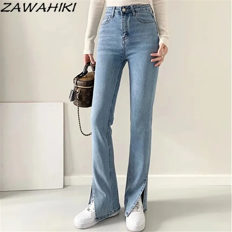 

ZAWAHIKI Jeans Women High Waist Solid 2021 Spring Straight Korean Fashion Pants Vintage Slit Full Length Jeans Femme Zipper
