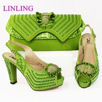 2021 new arrival italian design noble green color party ladies shoes and bag set with special crystal and flower decoration