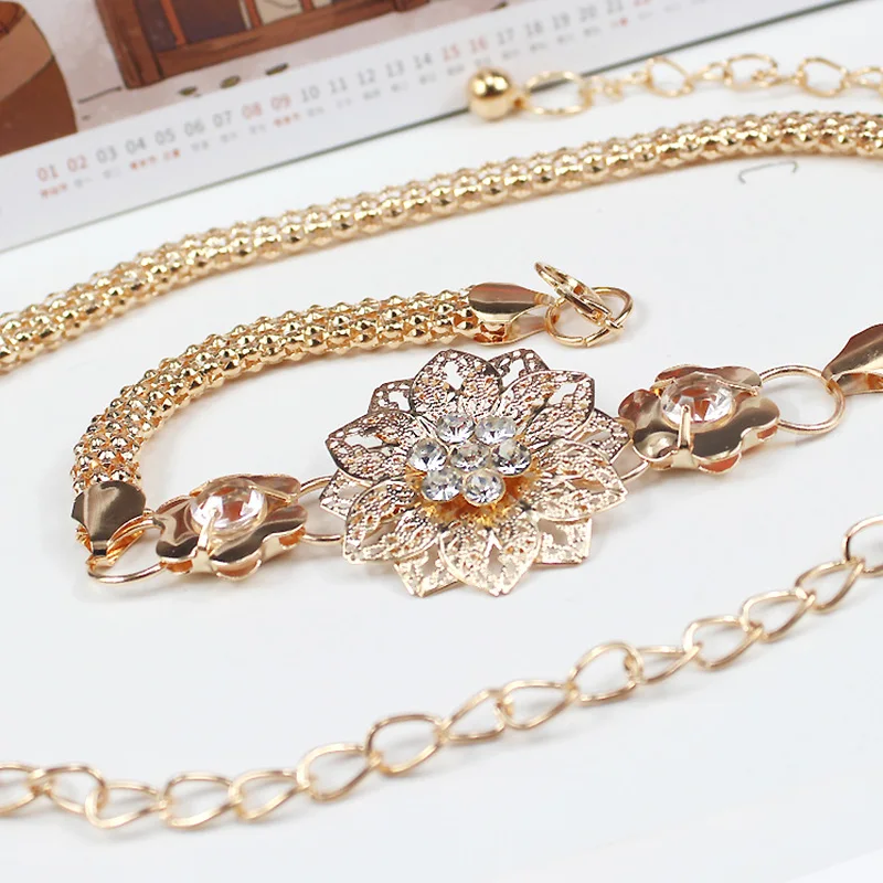 Женский ремень с цветами Золотистый металлический пояс кристаллами и