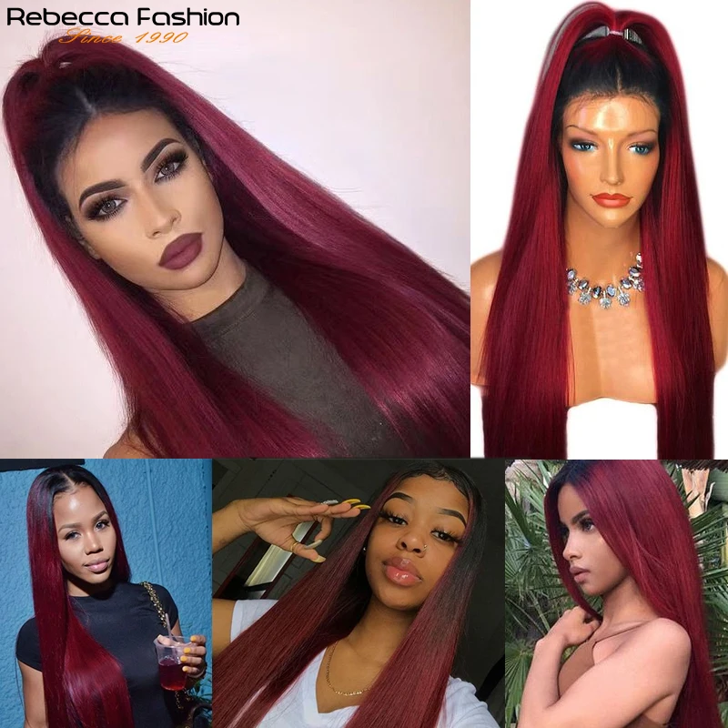 Rebecca Straight Hair 13X1 Lace Front Wig Human Wigs Ombre 99J Red Burgundy Pre-Plucked 180% Remy Deep Part | Шиньоны и парики
