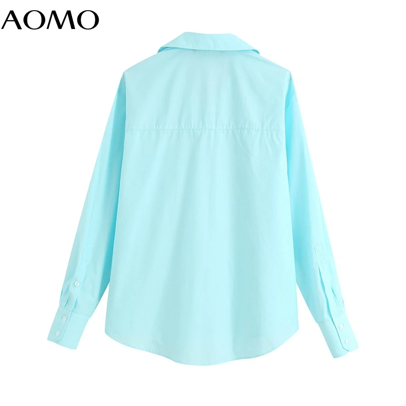 

AOMO women oversized cotton shirts long sleeve solid loose elegant office ladies blue work wear blouses BE724A