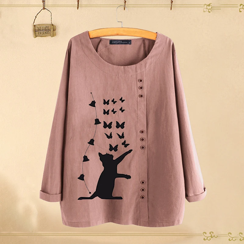 Style 2 Pink ZANZEA, осенняя блузка, Женская Повседневная рубашка с длинным рукавом, женские блузки с цветочным принтом, Женские винтажные топы с принтом, хлопковые льняные блузки - Цвет: Style 2 Pink
