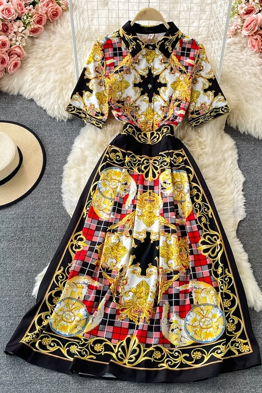 

Elegant vestidos oversized court style dress women temperament Vintage Print turn down collar hit color runway dresses summer