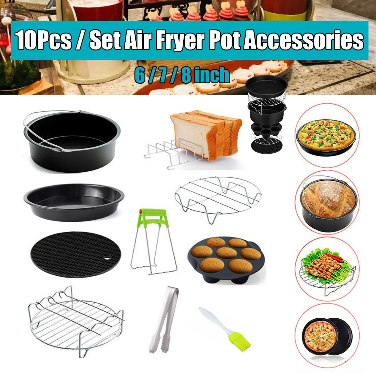 

10/5pcs 6/7/8'' Air Fryer Accessories Pizza Baking Basket Cake Plate Grill Pot Cooking Tool for All Airfryer 3.7 4.2 5.3 5.8QT55
