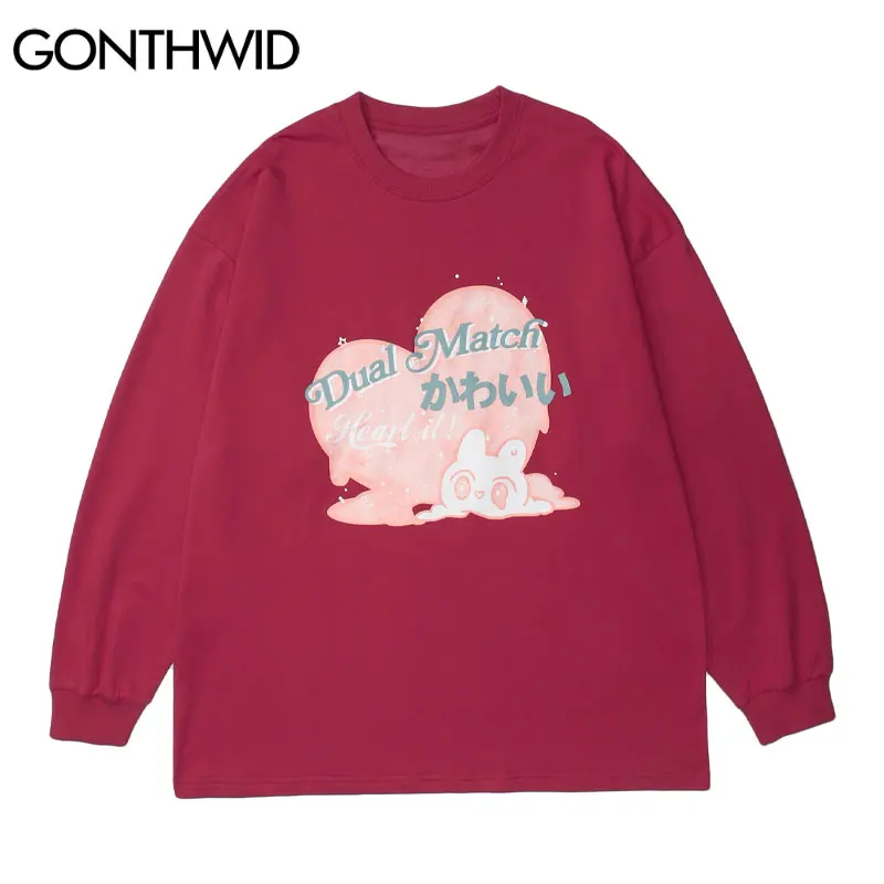 

Футболка GONTHWID мужская с длинным рукавом, модный Повседневный хлопковый топ в стиле Харадзюку, с принтом кроличьего сердца, уличная одежда в ...