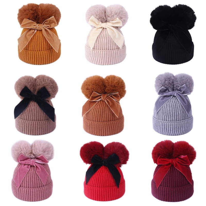 

Детская Вязаная Шапка-бини в рубчик из шерсти с милым бантом и двойным помпоном