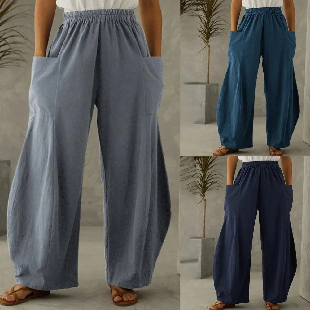 

Pants Wide Leg Large Pockets Women Elastic Waistband Solid Color Loose Slacks Trousers for Sport Fashionable Pants Casual 4XL