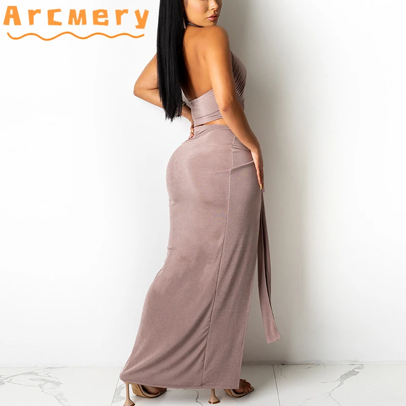 

2 Pieces Sets Women Halter Backless Top & Bodycon Maxi Slit Skirts