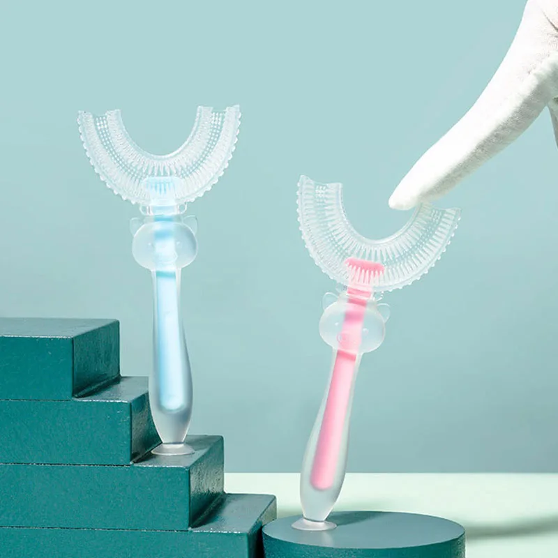 Cepillo de dientes de silicona en forma de U para ni&ntilde;os, limpieza de entrenamiento de beb&eacute;, cepillo para cuidado dental de dibujos animados, pr&aacute;ctico y simple-0