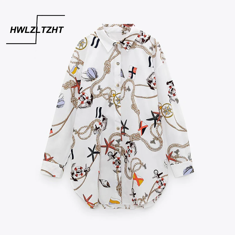 

HWLZLTZHT 2021 модные женские блузки большого размера с принтом на пуговицах винтажные женские рубашки с длинным рукавом и боковыми разрезами шик...