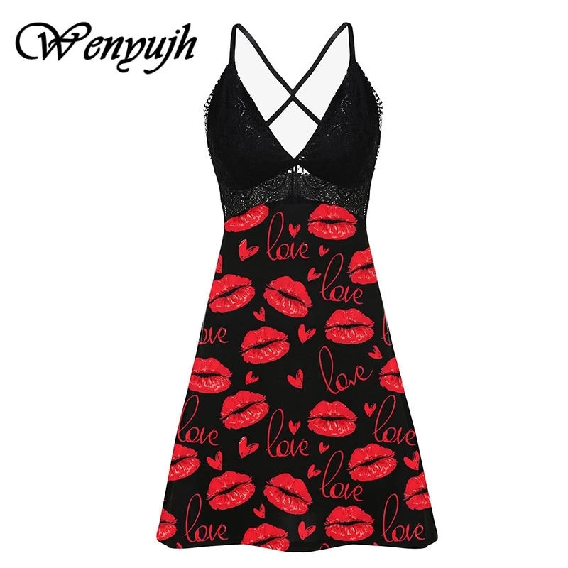 

WENYUJH Plus Size Female Lace Nightgown Sexy Spaghetti Strap Night Dress Women Night V-neck Sleeveless Sexy Sleepwear Nightwear