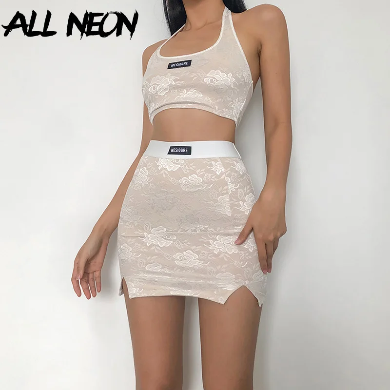 

ALLNeon Y2K Fashion White Lace Bodycon 2 Piece Sets Vintage 2000s Backless Halter Tops and Slit Mini Skirts Co-ord Suits Summer