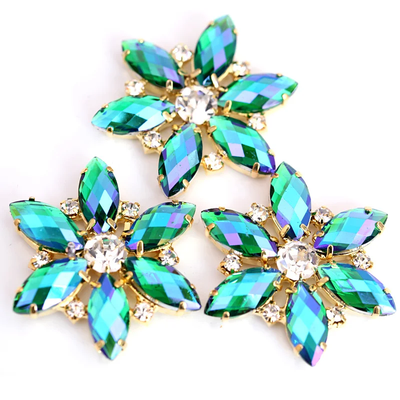 3.5x3.5cm Crystal AB Navette Round Sewing On Rhinestone Applique 1 Pcs Gold Base Sew Rhinestones Wedding Dress B0988 | Дом и сад