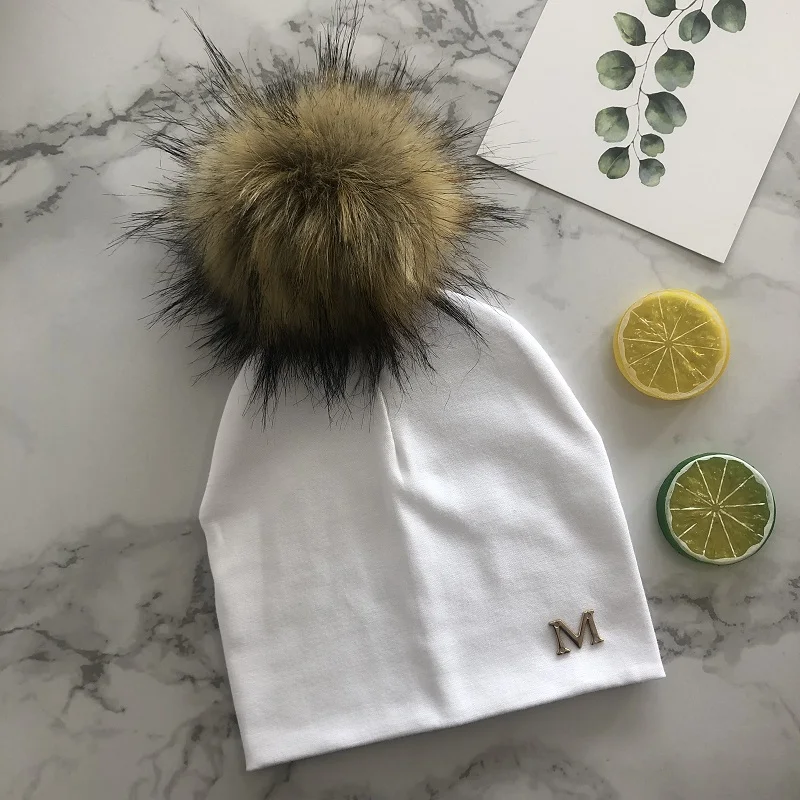 Autumn Winter Toddler Boy Girl Cotton Hat With Faux Fur Pompon For Kids Letter Baby Caps Bonnet