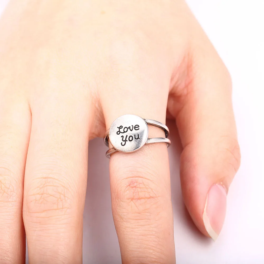 

S925 Ancient Silver Vintage Rings for Women Simple Round Resizable Open Rings for Lovers Rings Fine Jewelry Love You Ring Gift