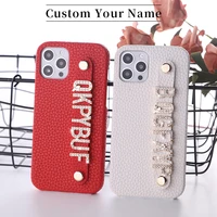 pebble leather cowhide custom name phone case for iphone 11 pro max 12 mini x xr xs 7 8plus diamond metal letters cover coque