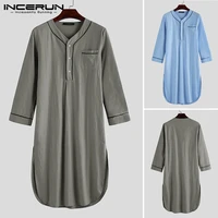 incerun men sleep robes 2021 long sleeve v neck button homewear leisure cozy bathrobe high quality mens nightgown pajamas dress