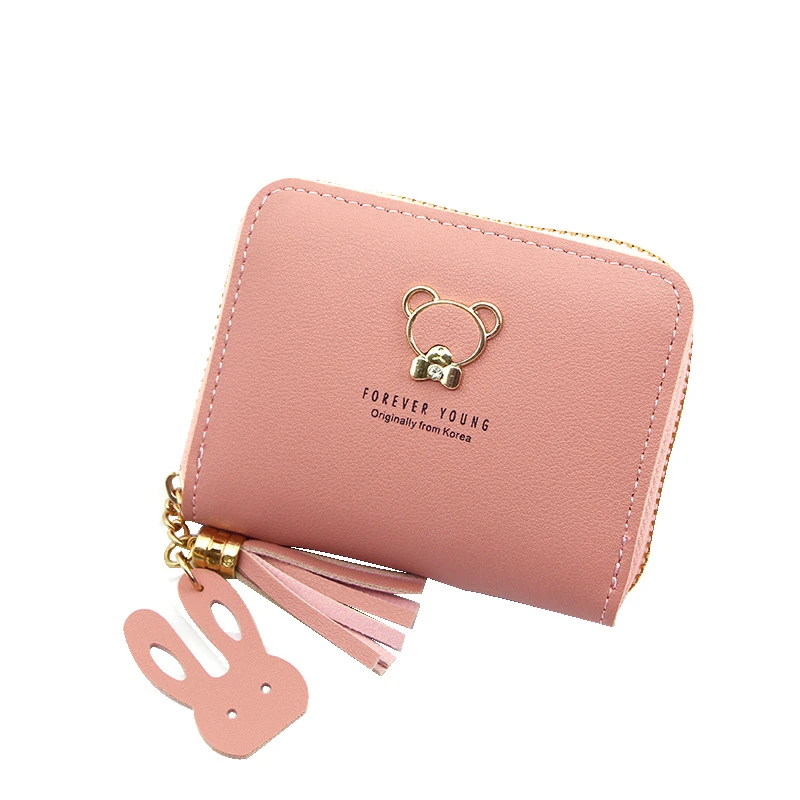 

Women's Wallet Short Cute Bear Female Fashion Zipper Tassel Solid Color Cartoon Coin Purses Ladies Mini Card Holder Money Clip