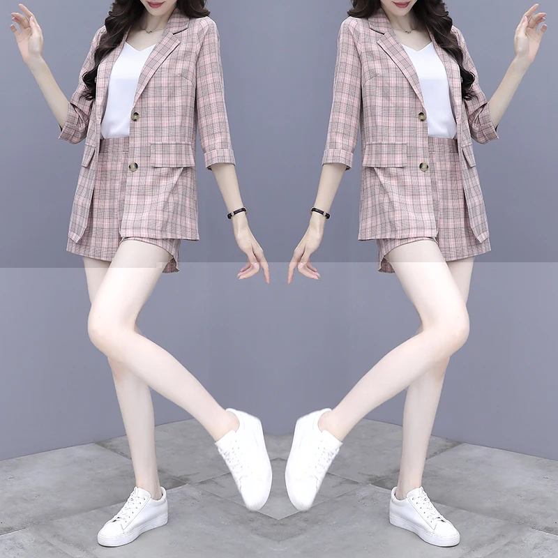 

Plaid Blazer Set Office Lady Two-piece Outfit Suit With Shorts For Women 2021 New Short Pant And Blazer Coat Summer Plus Size