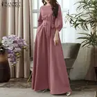 Женское винтажное платье с круглым вырезом, Однотонный сарафан с пышными рукавами, элегантное вечернее длинное платье с ремнем, 34, модный кафтан ZANZEA, оверсайз