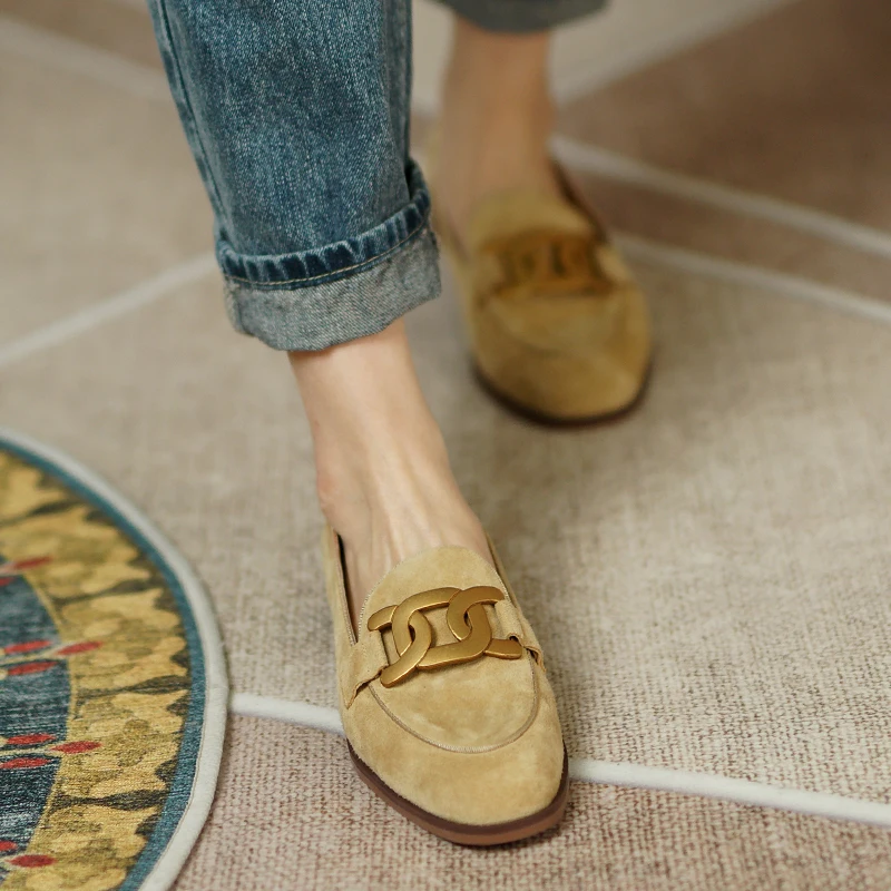 

Women Shoes Genuine Leather Flats Loafers Round Toe Sheep Suede Metal Decor Slip-on Footwear Ladies Cozy Casual Shoes 2021 New