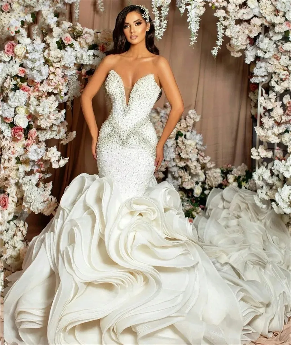 Sexy Wedding Dresses Mermaid Strapless Ruffle Long Train Crystal Pearls Diamond Luxury...