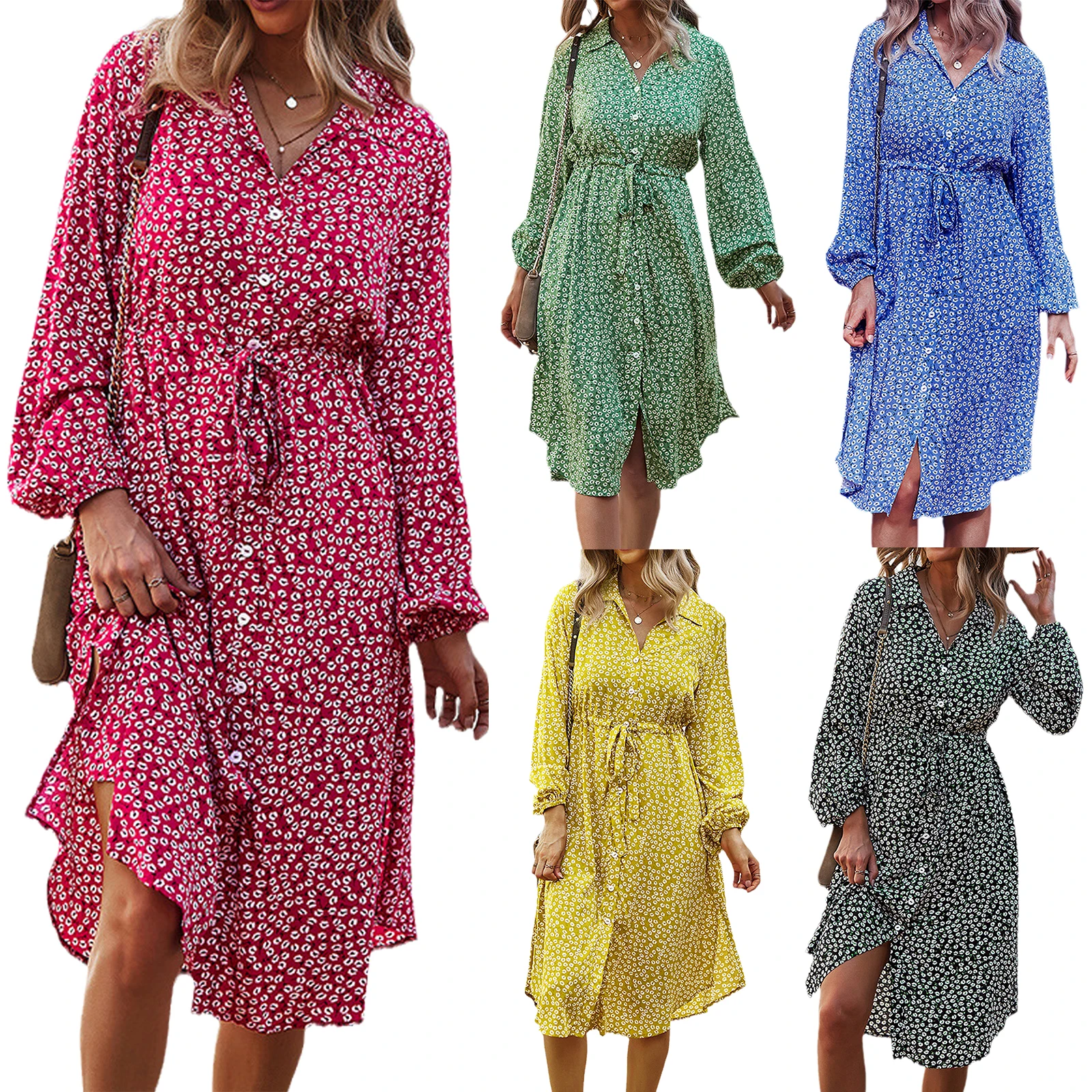 

Women Tie-up A-line Dress, Adults Button-down Floral Lapel Long Sleeve Dresses