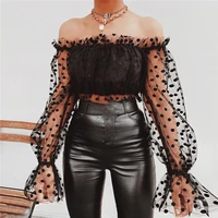 women elegant polka dot black lace blouse off shoulder puff sleeve sexy short ruffle blouse female top casual cool chic blusas