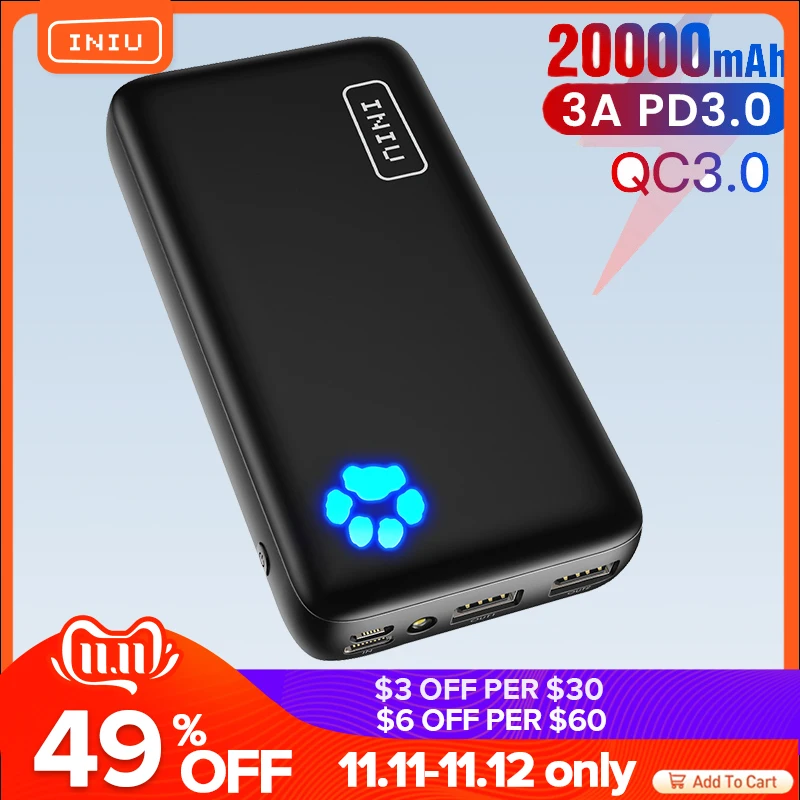 

Внешний аккумулятор INIU на 20000 мА · ч с портом USB Type-C и поддержкой быстрой зарядки
