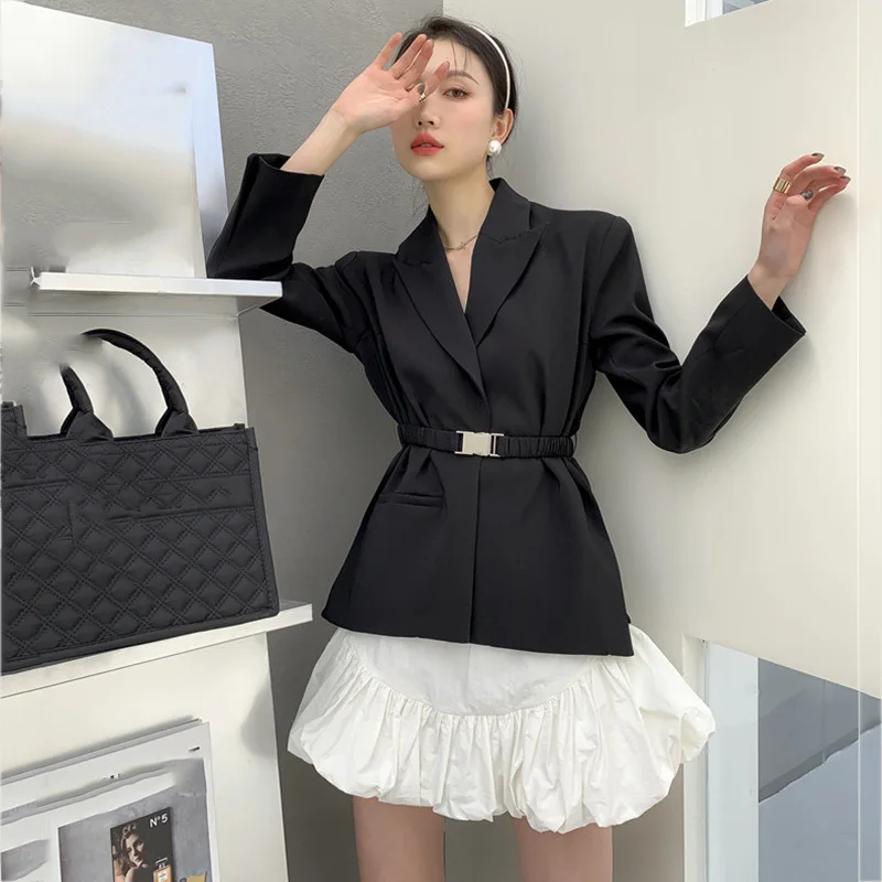 

LANMREM Women Black Sashes Blazer New Arrivals Lapel Long Sleeve Loose Fit Jacket Fashion Tide Spring Autumn 2021 2E1626