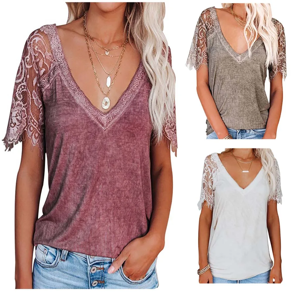 

Sexy Women Summer Solid Color T-Shirts Lace Decor See Through V Neck Short Sleeve Casual Loose Pullovers Top for Streetwear