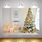 Фон для фотосъемки с изображением рождественской елки, оленя, белой кирпичной стены