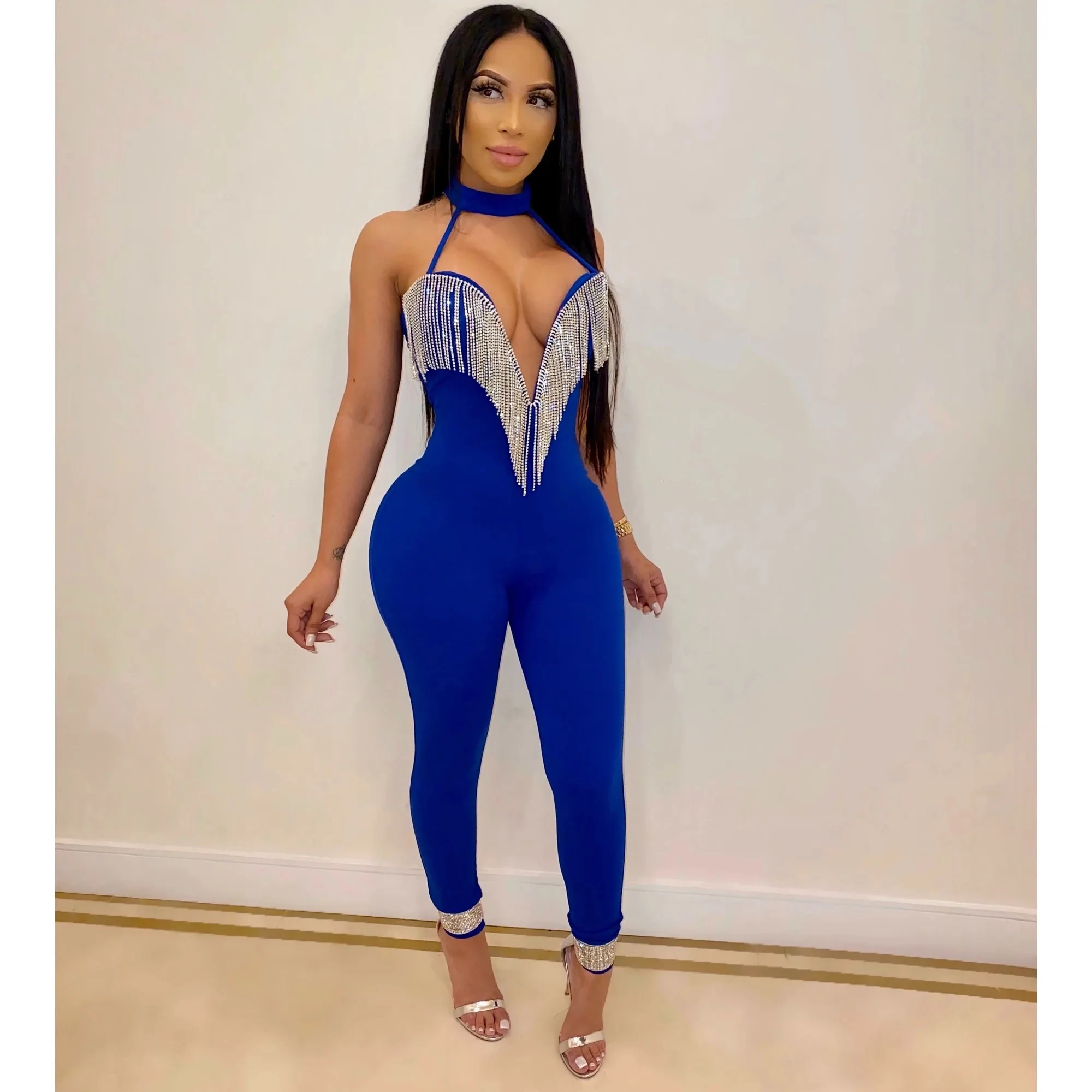 

Top Quality V-Neck Blingbling Sexy Jumpsuit Women Elegant Bandage Rayon Party Night Club