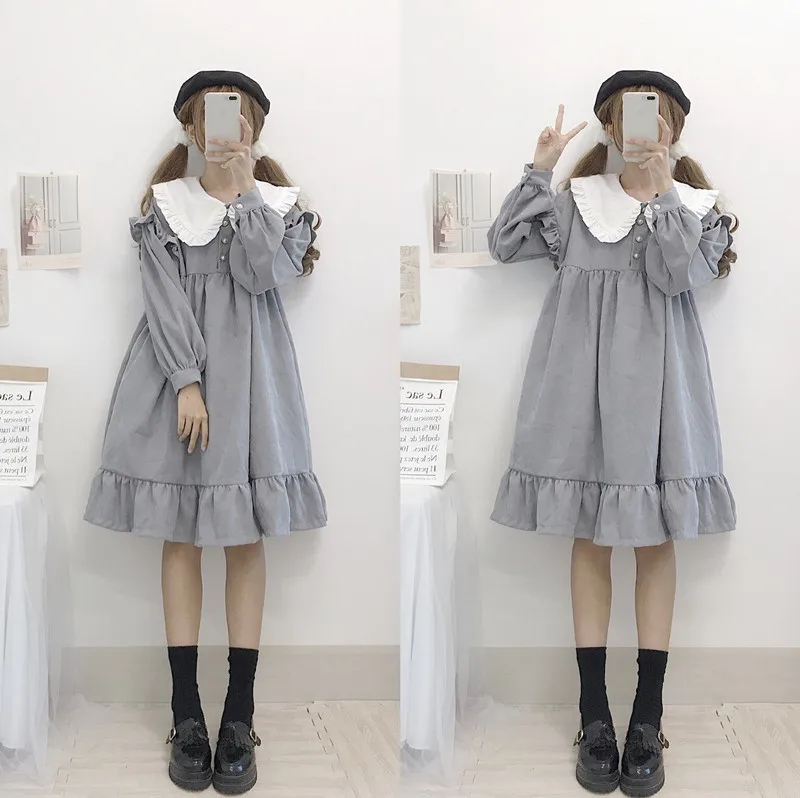 Осенне-зимнее Повседневное платье в стиле Лолиты Kawaii, новое японское милое ретро платье с кукольным воротником, свободное плиссированное платье с длинными рукавами