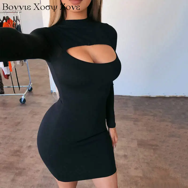 

Women Solid Cutout Front Long Sleeve Bodycon Mini Sexy Dresses