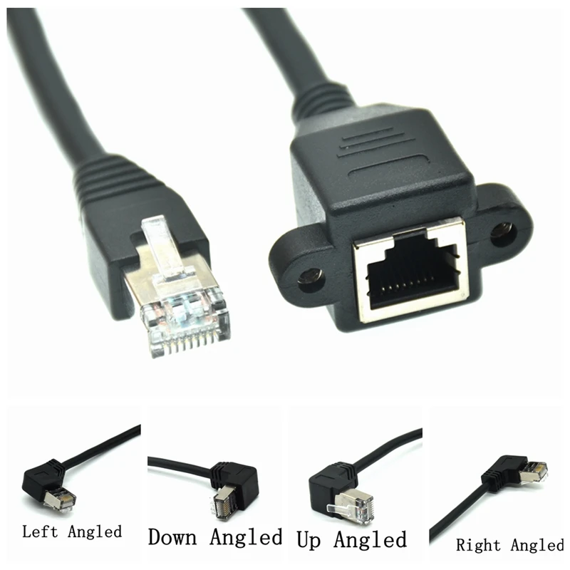 90 degrees Right Up Down Angle RJ45 Male to Female Screw Panel Mount Ethernet LAN Network Extension Cable converter 0.3m 0.6m 1m