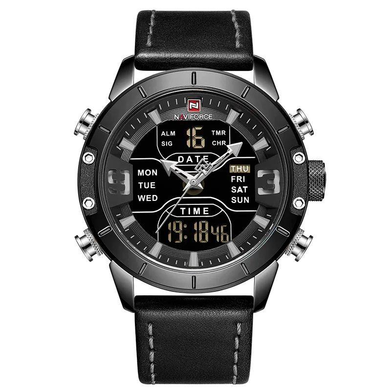 L-Black Black Мужские часы naviforce Роскошные брендовые кожаные водонепроницаемые кварцевые мужские часы Военные аналого-цифровые часы мужские Relogio Masculino - Цвет: L-Black Black