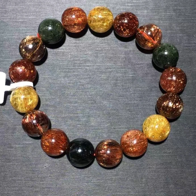 

12.3mm Natural Copper Gold Rutilated Quartz Bracelet Crystal Cat Eye Clear Green Rutilated Round Beads AAAAAA