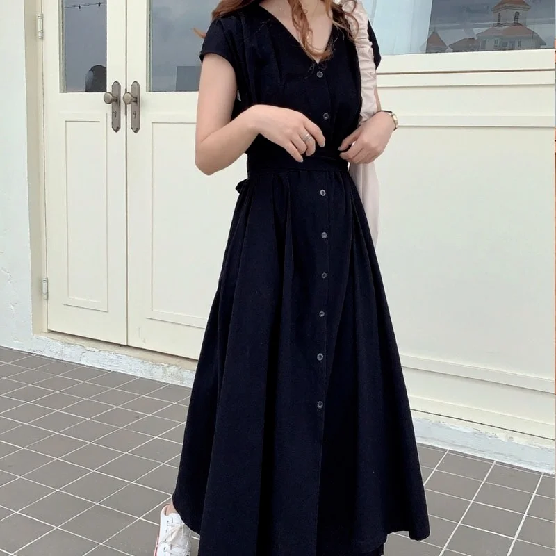 

Корейское шикарное летнее платье, женское хлопковое однотонное Повседневное платье с коротким рукавом для женщин, тонкое Свободное длинно...