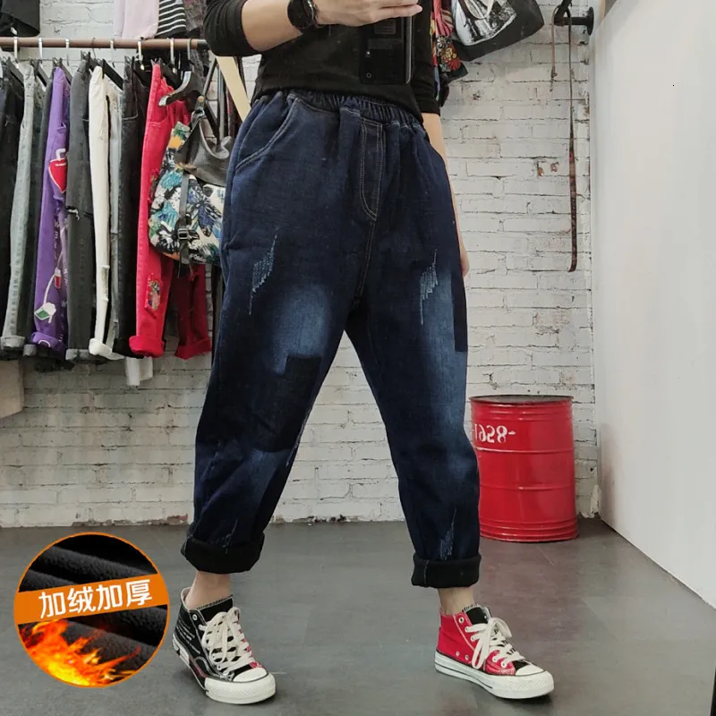 Мешковатые синие флисовые Джинсы женские теплые бархатные ковбойские штаны с