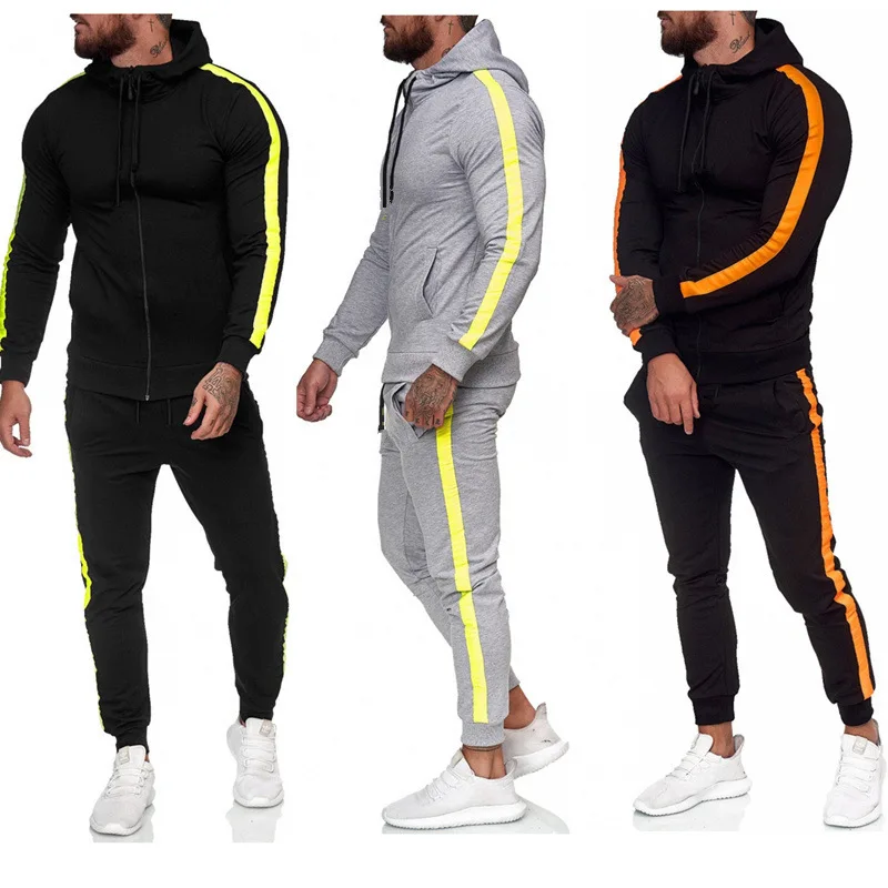 

Spring New Men's Sets Casual Sportswear Fashion Stitching Cardigan Hoodie Sweatpants Men Pure Color Sport 2 Piece Tracksuits