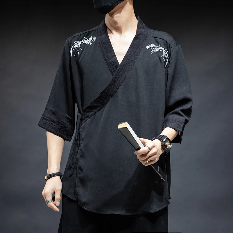 MR-DONOO Spring Summer Men's Chinese Style Embroidered Cross-neck Cardigan Jacket Retro Three Quarter Sleeve Thin Loose Coat | Мужская